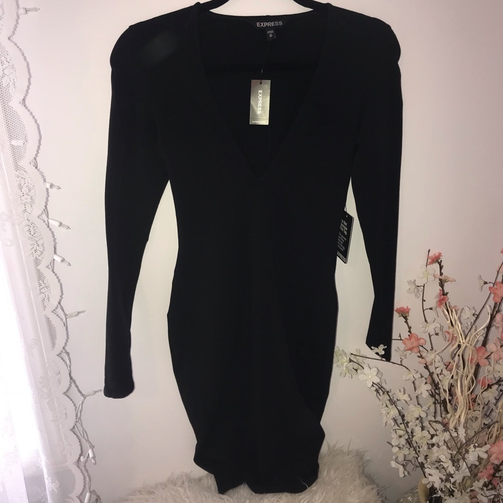 Size XS Black Deep-V Bodycon Midi Dress